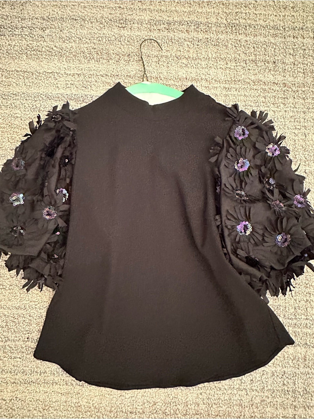 THML Black Puff-Sleeve Floral Appliqué Top with Sequin Accents